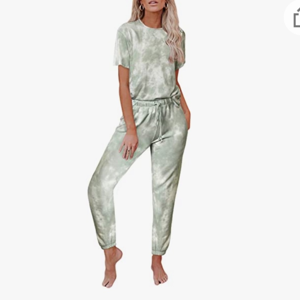 Womens Tie Dye Printed Short Sleeve Crewneck Tee Tops with Pants Long PJ Set
